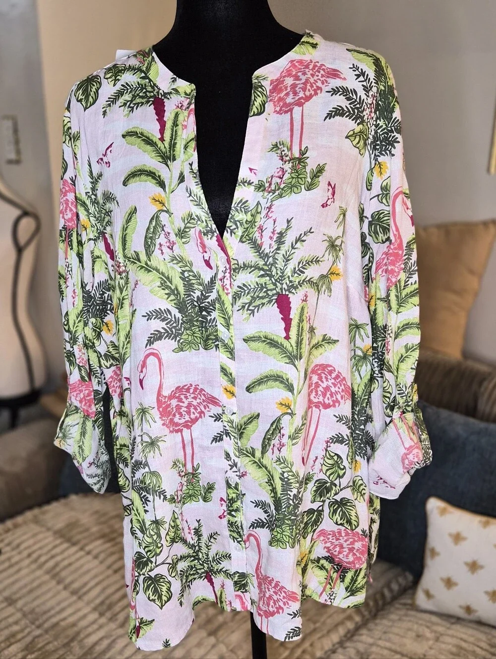 100% Linen - Flamingo Print Lightweight Women’s Blouse - Pink/Green - Picture 1 of 7